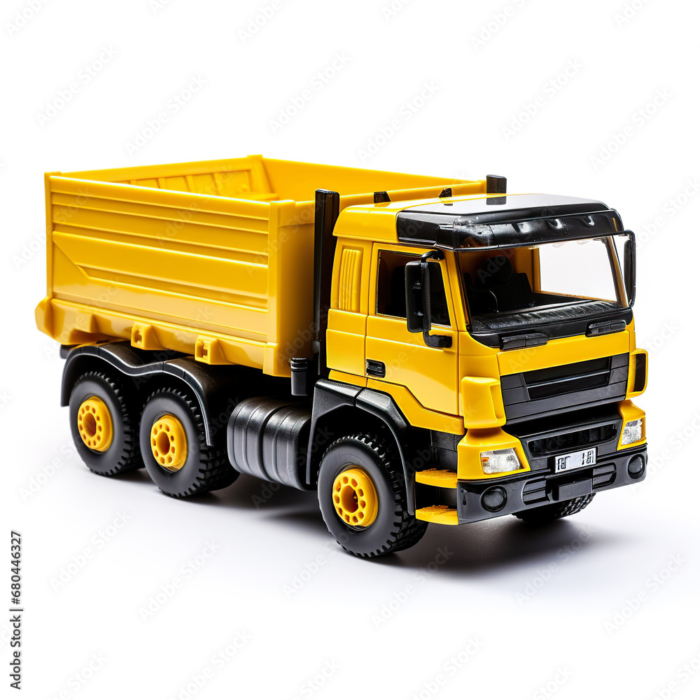 Toy cartoon yellow dump truck isolated on white background, in style of 3d render