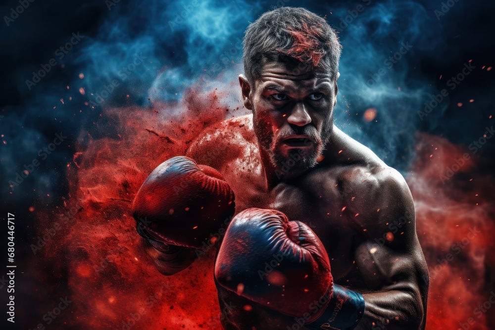 A male boxer is fighting in front of smoke A male boxer is fighting in front of smoke