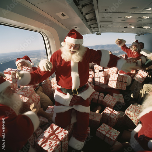 A group of Santas jumps in and hands out gifts from an airplane. Taken from behind Gifts fly through the air2 photo