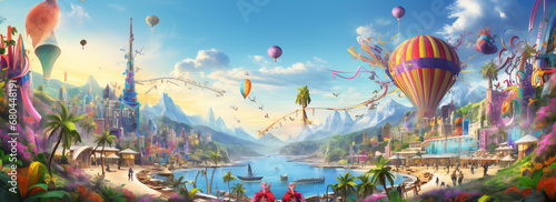 background with hot air balloons A Surreal Floating City on an Abstract Background

