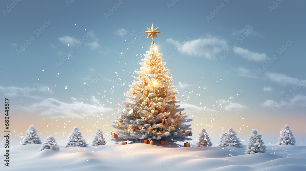 Decorated Christmas tree in a winter snowy forest. Merry Christmas and Happy New Year concept. Background Christmas tree. winter season. Christmas and New Year holiday background

