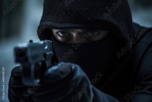 A person wearing a black hood holding a gun. This image can be used to depict mystery, danger, or criminal activities. photo