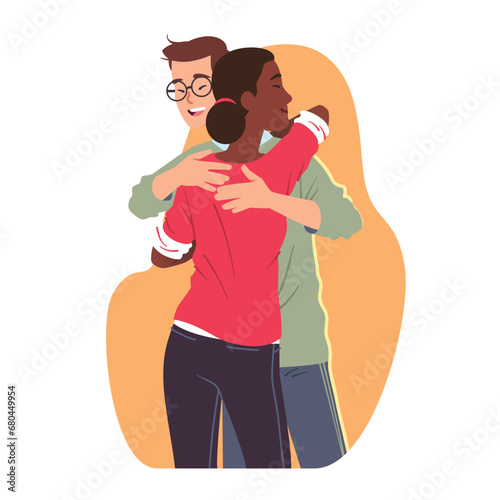 Happy Caucasian man, African American woman multiracial couple in love or friends embracing. Family persons hugging meeting together. Romance, relationships, friendship flat vector illustration