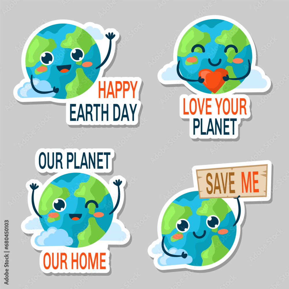Obraz premium Cute kawaii stickers for planet day. Vector stickers with a contour for cutting.