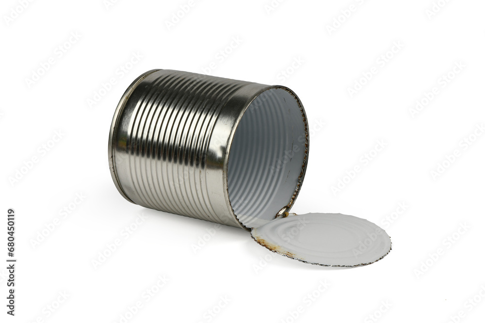 Close-up shot various open metal tin cans isolated on white background. Close-up shot various open metal tin cans isolated on white background.