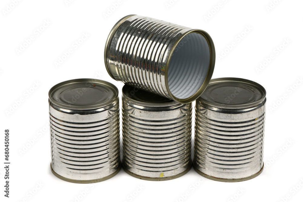 Open old metal tin cans isolated on white background. Open old metal tin cans isolated on white background.