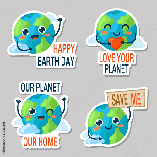 Cute kawaii stickers for planet day. Vector stickers with a contour for cutting.