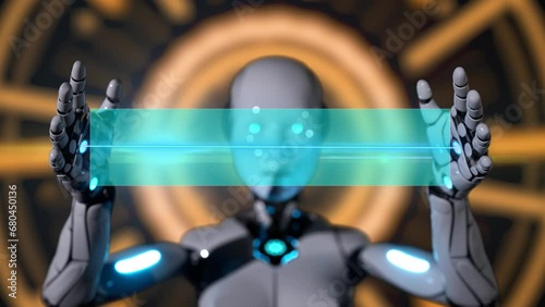  opener video animation with humanoid ai female robot opening hand for title or headline background template