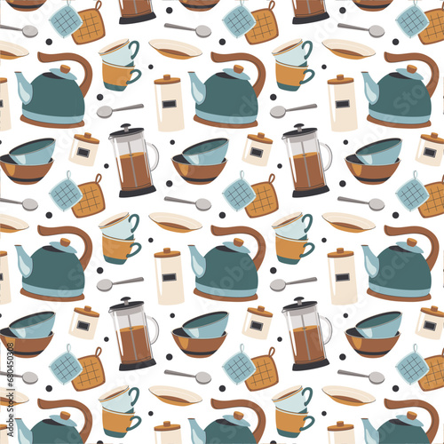 Seamless pattern with vector tea accessories teapot, mugs, teapot. Pattern for fabric, background, menu, banners. (ID: 680450308)