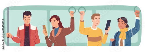 Men, women passengers riding inside public transport vehicle. Persons characters standing holding handles in bus or subway train, using mobile cell phones. City transportation flat vector illustration