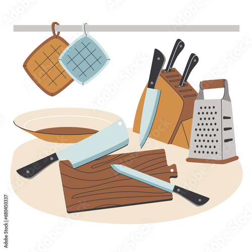 a composition of kitchen items knives, cutting board and grater. Preparation of products for cooking. Vector illustration (ID: 680450337)