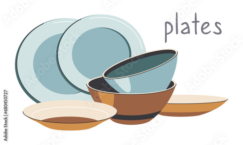Empty plates and bowls isolated on a white background vector illustration. (ID: 680450727)