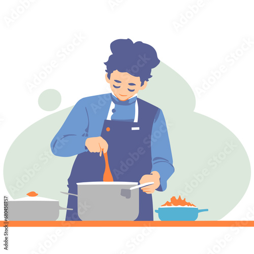 Illustration man cooking and preparing food, Flat people on culinary workshop, vector concept.