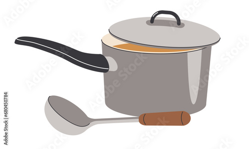 Saucepan and ladle. Kitchen cooking items, vector illustration of cooking elements isolated on a white background (ID: 680450784)