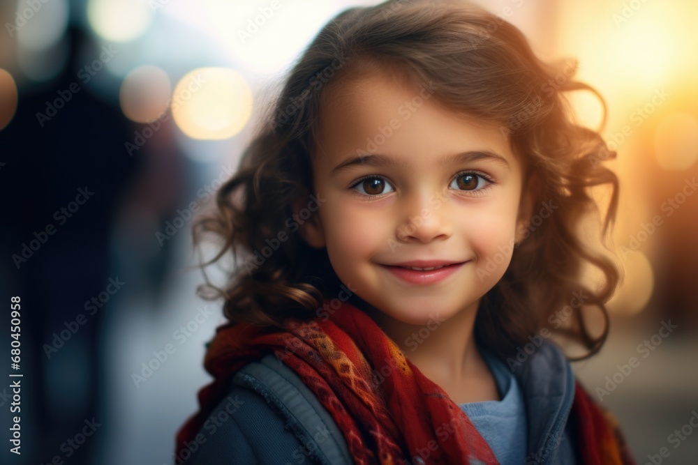 A picture of a little girl with curly hair wearing a scarf. This versatile image can be used to depict various themes such as childhood, fashion, winter, and diversity. A picture of a little girl with curly hair wearing a scarf. This versatile image can be used to depict various themes such as childhood, fashion, winter, and diversity.
