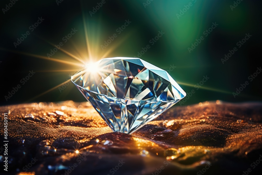A close up view of a sparkling diamond resting on top of a rough rock. This image can be used to depict precious gemstones, luxury, beauty, or the contrast between the natural and the refined. - obrazy, fototapety, plakaty 