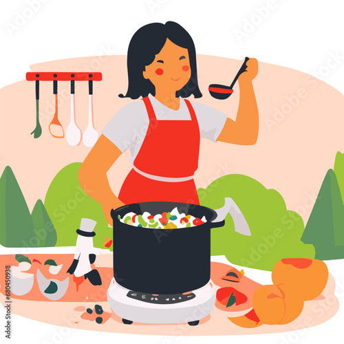 Vector woman cooking soup icon isolated on white, on kitchen table set vector flat illustration.