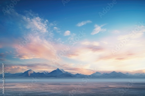 Wallpaper Mural A peaceful and majestic scene of mountains in the background, overlooking a vast body of water. Perfect for nature enthusiasts and travel-related projects. Torontodigital.ca