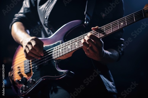 A person playing a bass guitar in a dark room. This image can be used to depict musicians, music practice, or a band rehearsal.