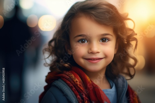 A picture of a little girl with curly hair wearing a scarf. This versatile image can be used to depict various themes such as childhood, fashion, winter, and diversity.