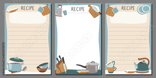 Vector notepad template with recipes. Kitchen recipe book in a simple style with illustrations (ID: 680450959)