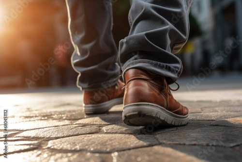 A detailed close-up of a person's shoes on a sidewalk. This image can be used to depict urban life, walking, or fashion trends.