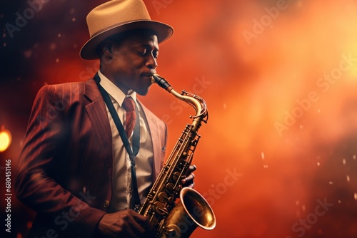 A professional musician dressed in a suit and hat playing a saxophone. This image can be used to depict jazz music, live performances, or musical talent. photo