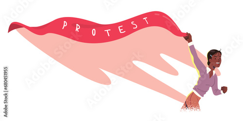 Angry feminist or BLM protester woman holding flag on demonstration. Female activist person character protesting against rights violation. Feminism protest movement, activism flat vector illustration