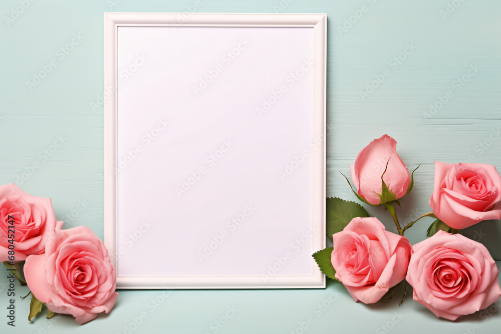 Fresh tulip flowers in vase with blank photo frame