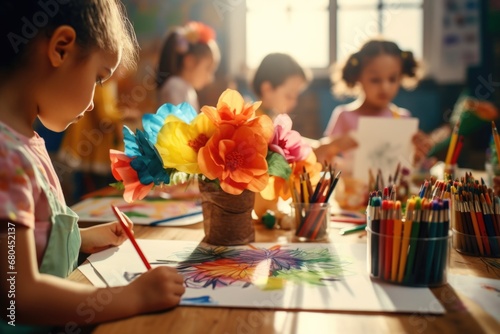 A group of children sitting at a table, engaged in drawing activities. This image can be used to depict creativity, education, and teamwork. photo