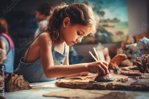 A little girl is seen painting on a piece of wood. This versatile image can be used for various creative projects. photo
