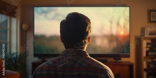 Rear view of man watching movie on tv at home in the evening - generative ai