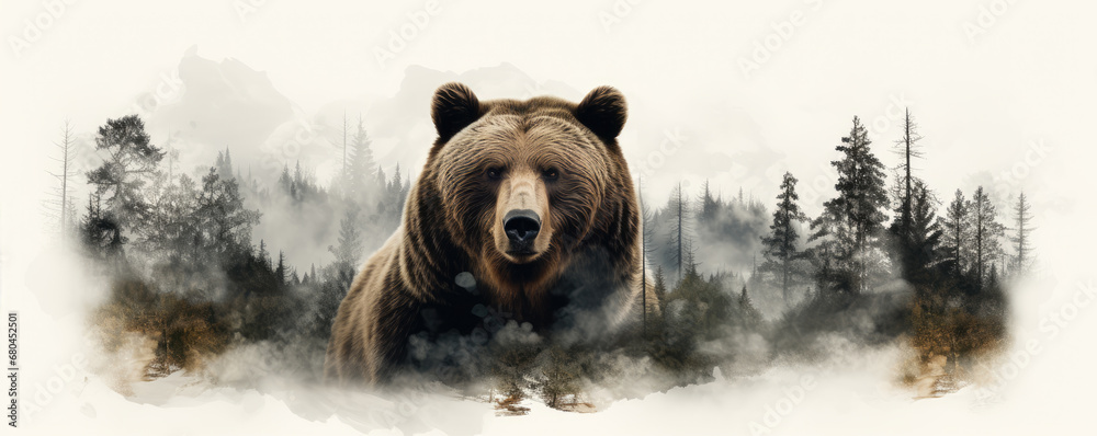 Wild brown bear design for t shirt printing. on white background. wide banner - obrazy, fototapety, plakaty 
