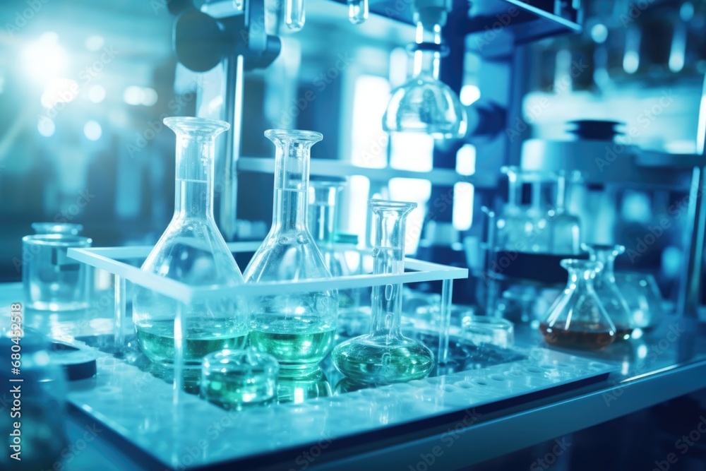 Glass flasks sitting on a counter. Perfect for science lab or chemistry-related projects