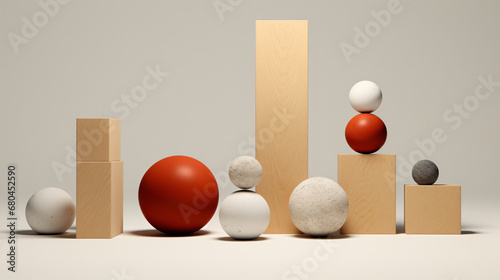 geometric decorative objects in burnt orange, sandstone white and wood using stacked stones to convey proportion and scale photo