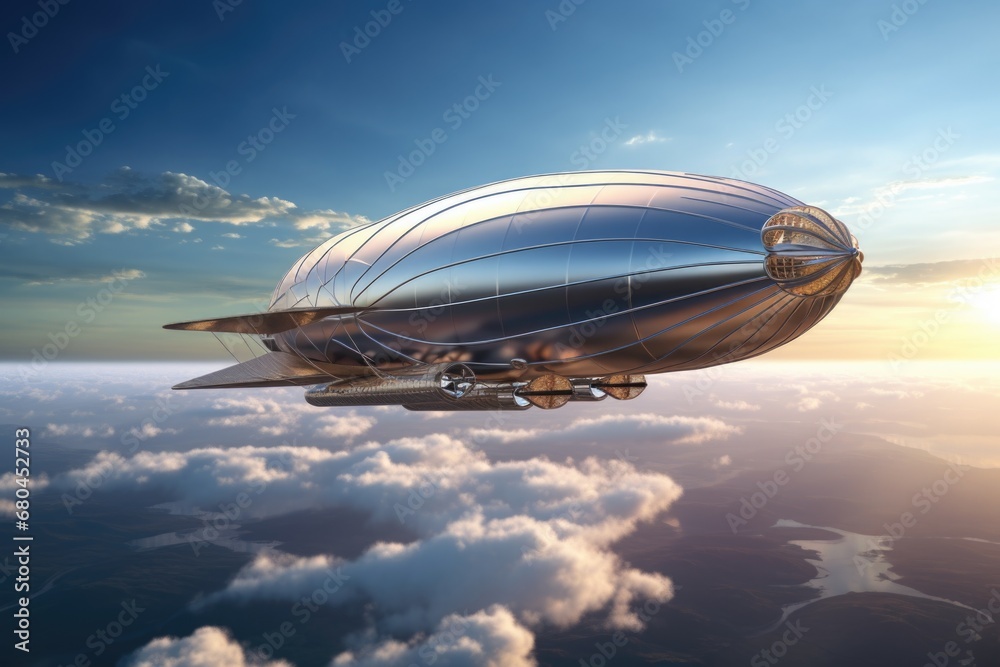 Obraz premium A captivating image of a large silver balloon soaring through the sky. This picture can be used to evoke a sense of adventure and freedom