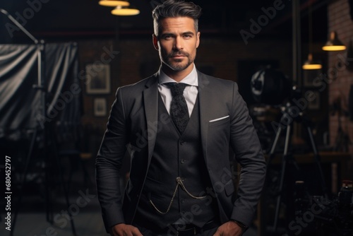 A man in a suit confidently standing in front of a camera. Ideal for business-related projects and professional presentations © Vii