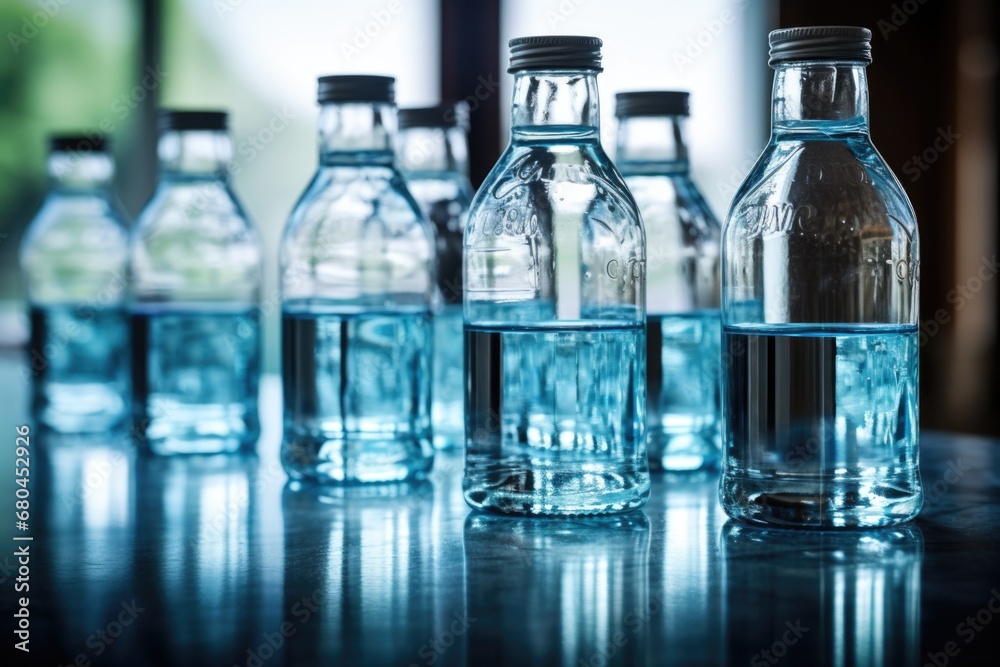 A collection of water bottles neatly arranged on a table. Perfect for illustrating hydration, healthy lifestyle, or environmentally-friendly concepts A collection of water bottles neatly arranged on a table. Perfect for illustrating hydration, healthy lifestyle, or environmentally-friendly concepts