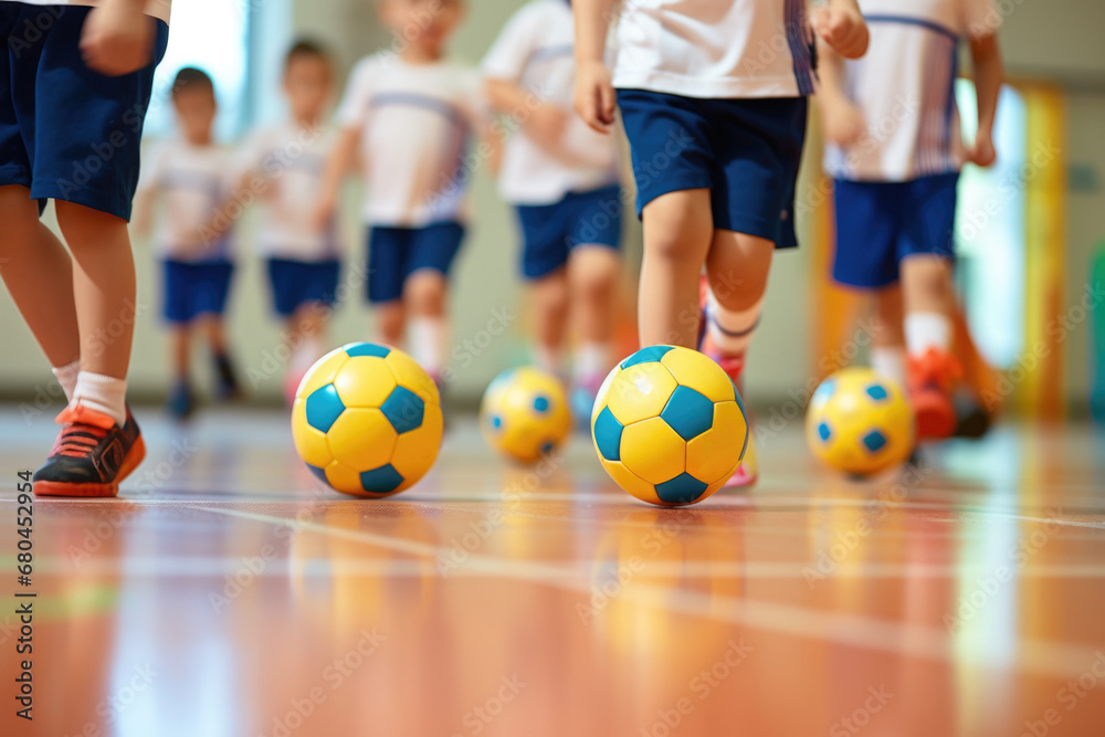 Fototapeta premium A group of children are playing with soccer balls. This versatile image can be used to represent sports activities, outdoor games, teamwork, and youth