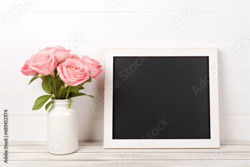 Rose Vase Near the blank frame on desk Against white background