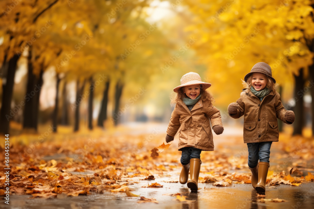 Happy kids in an autumn park with room for text created with Generative AI technology Happy kids in an autumn park with room for text created with Generative AI technology