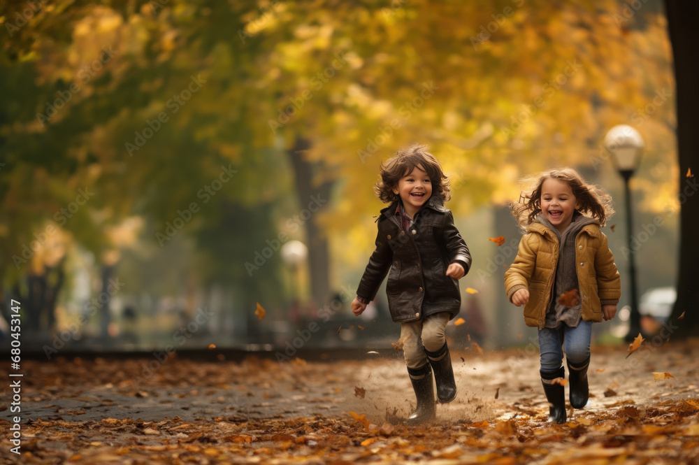 Happy kids in an autumn park with room for text created with Generative AI technology
