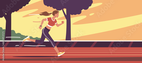 Runner woman person running fast on stadium race track. Professional athlete sprint training in competitive sport outdoors. Competition, athletic training, healthy lifestyle flat vector illustration