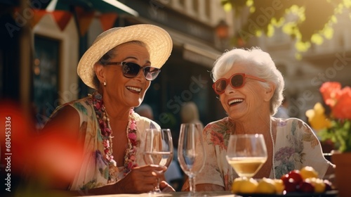 Happy old female friends sit in sidewalk cafe and drink wine. Smiling senior elder women enjoy retirement outdoor restraint. Pretty retired ladies gossip talk. Beautiful European breakfast cafeteria.