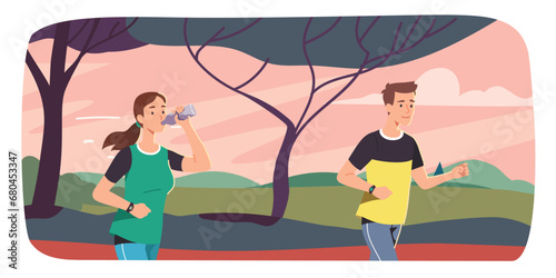 Young joggers man, woman training jogging in summer park. Runner athlete person cartoon character working out running, drinking water from bottle outdoors. Sport, wellness flat vector illustration