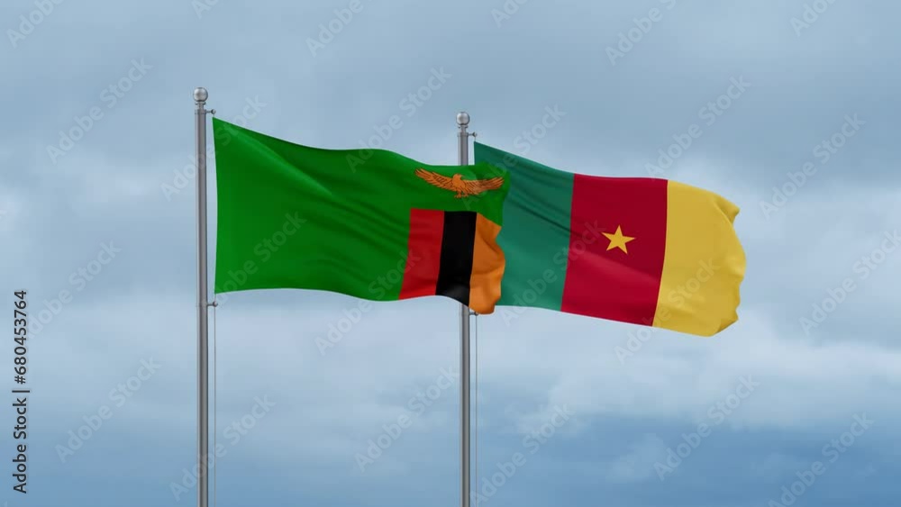 Cameroon flag and Zambia flag waving together on cloudy sky, endless seamless loop, two country relations concept