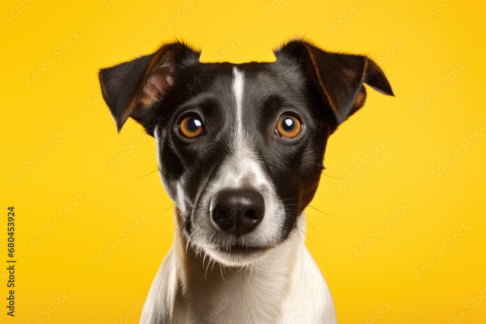 Jack Russell Terrier breed dog on a yellow background.