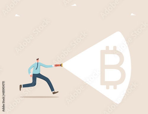 Achieving financial goals in cryptocurrency market, investor in search of stock market to invest cash in digital currency, risky game in foreign exchange market, man with flashlight runs for bitcoin.