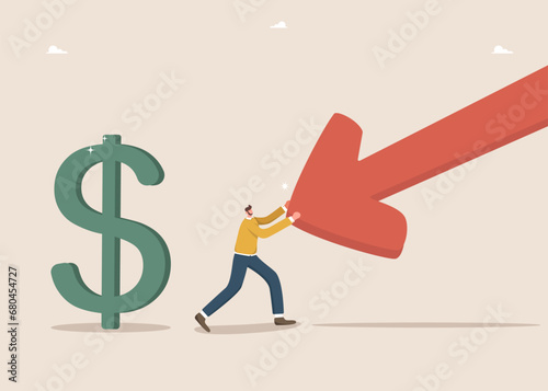 Financial and economic improvement during stock market crash, stabilizing value of foreign currency, rising incomes and wages, countering inflation, preserving savings, man protects dollar from arrow.