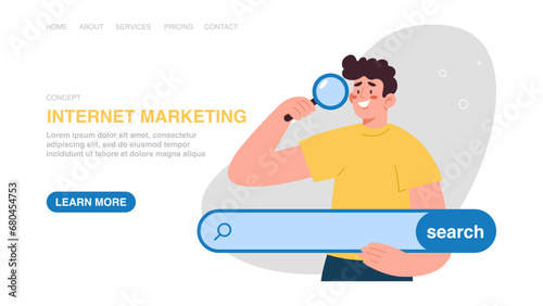 Web banner, infographic, web page with man holds search string. Openness to new knowledge or opportunities, search for necessary information for work, search engine optimization, internet marketing.